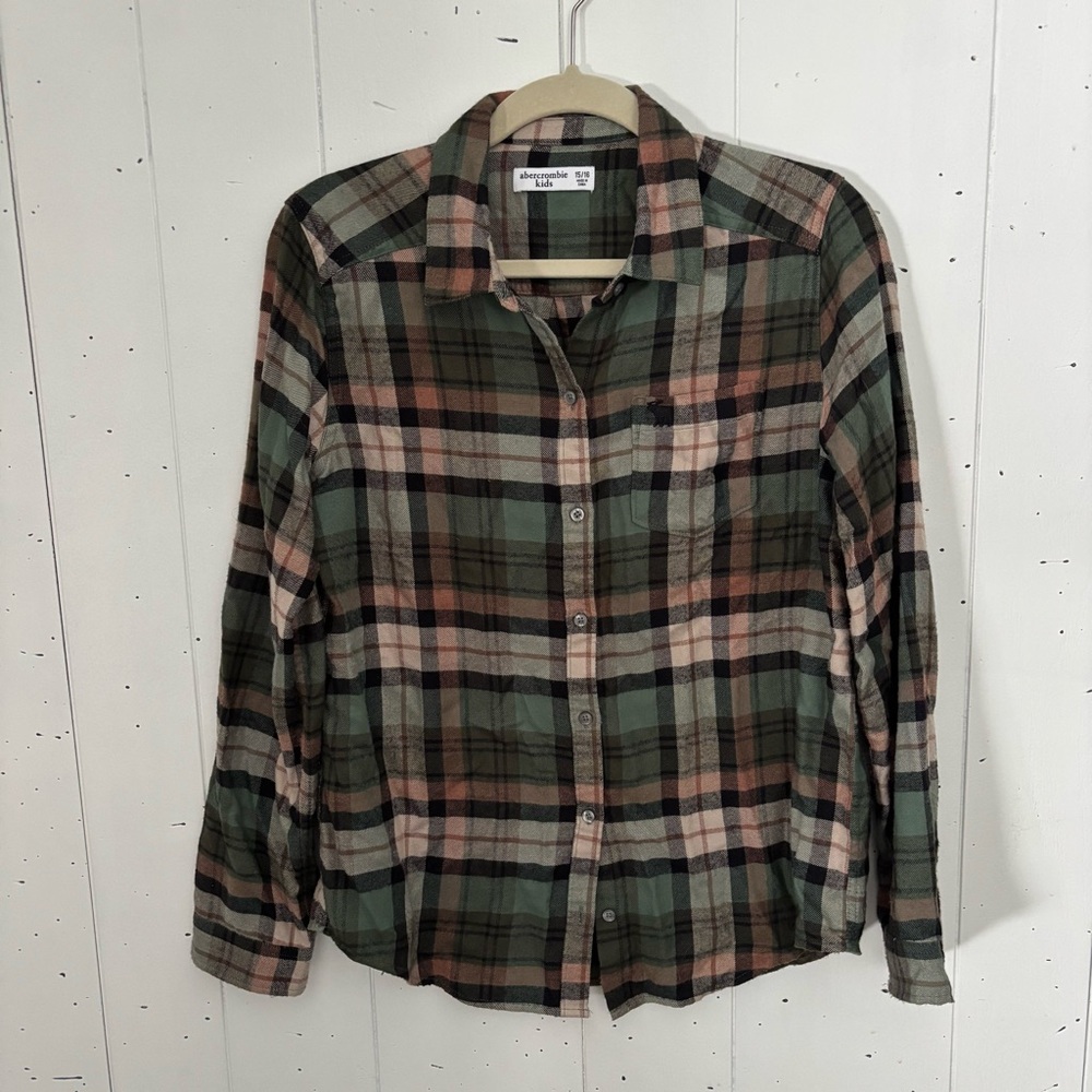 Abercrombie Kids Black White Green and Brown Plaid Shirt
